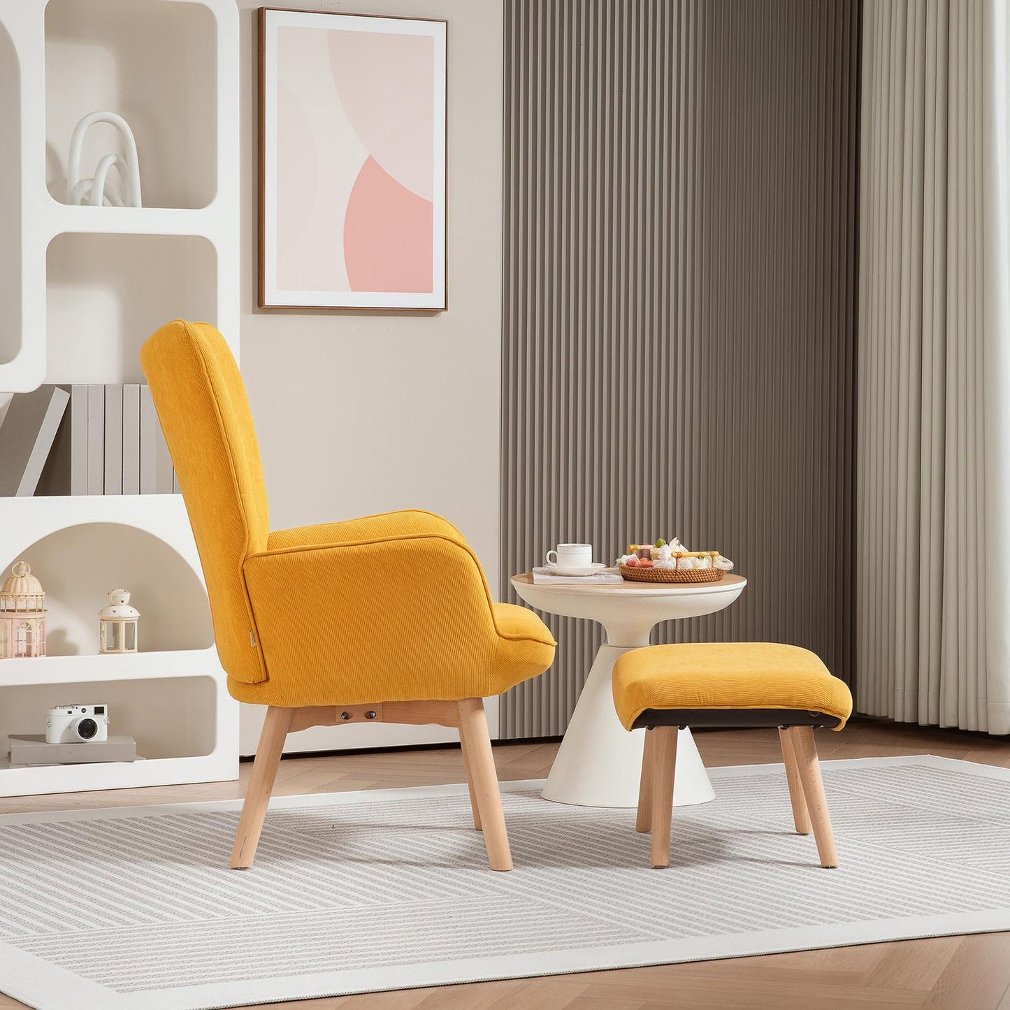 Orange corduroy wing chair with stool, wooden legs