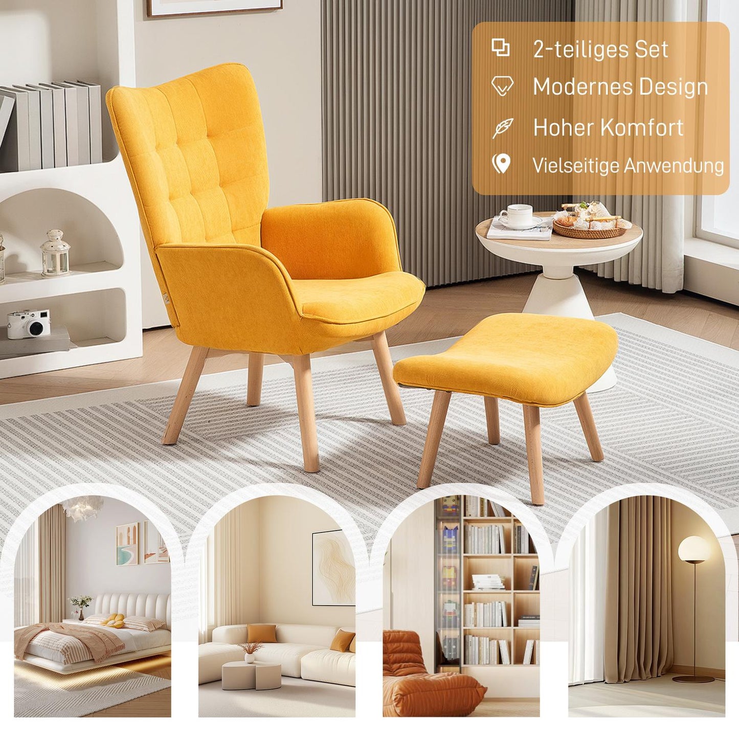 Orange corduroy wing chair with stool, wooden legs
