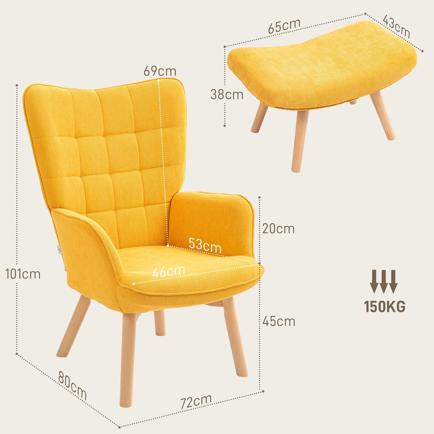 Orange corduroy wing chair with stool, wooden legs