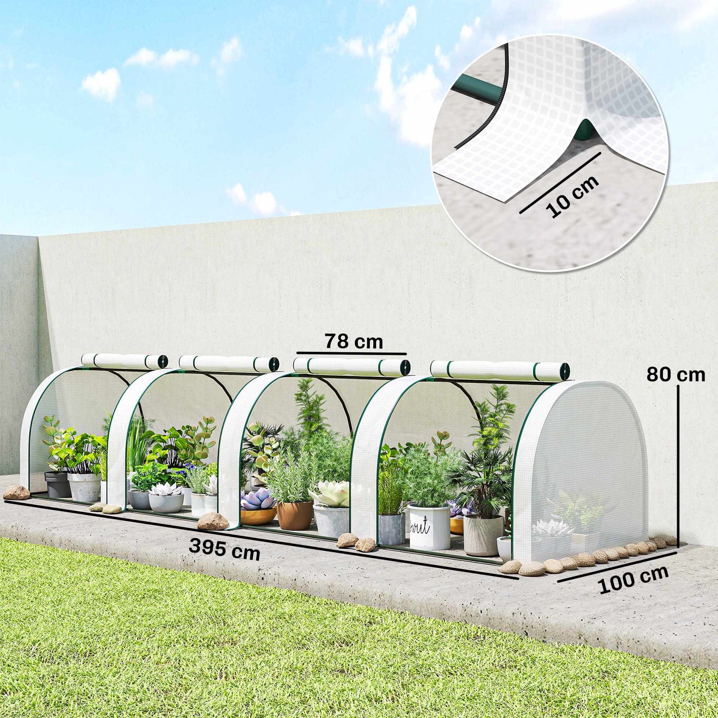 Winterproof Greenhouse with Roll-Up Zipper Doors, 395x100x80 cm