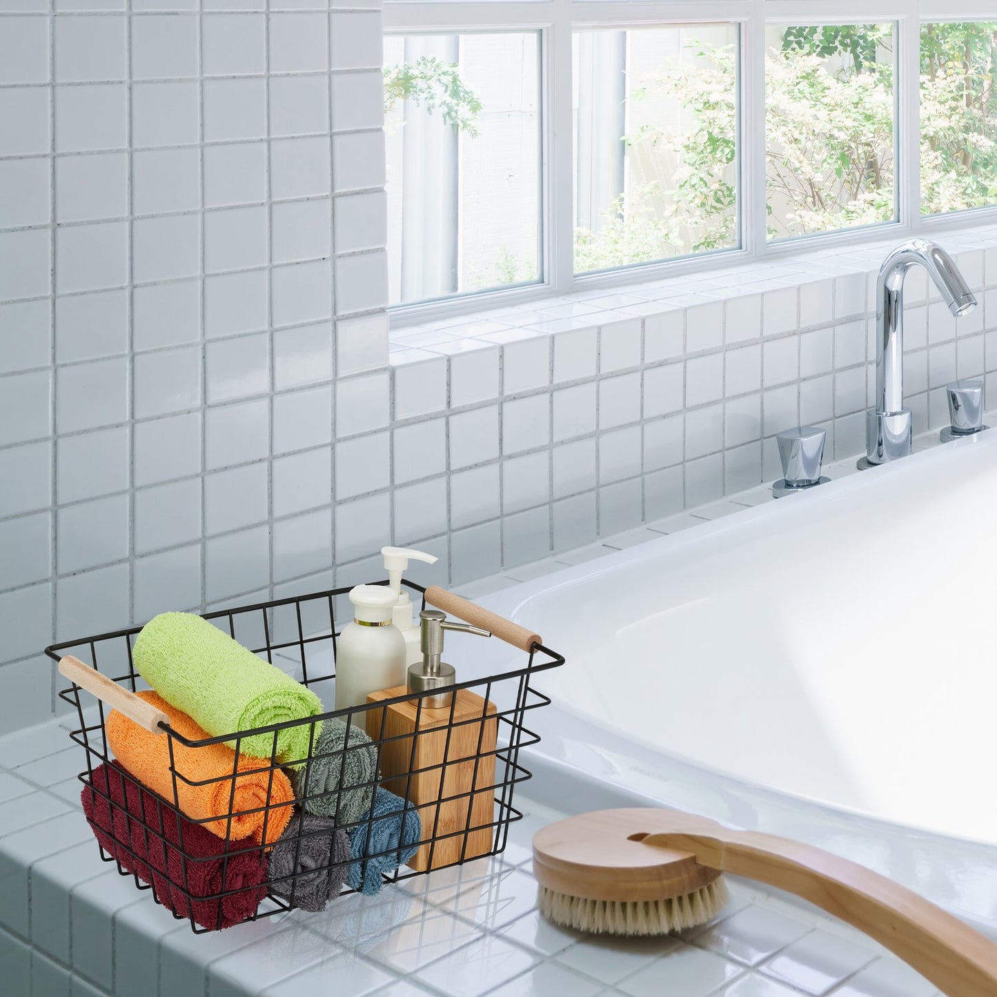 Wire Storage Baskets, Set of 2 with Wooden Handles