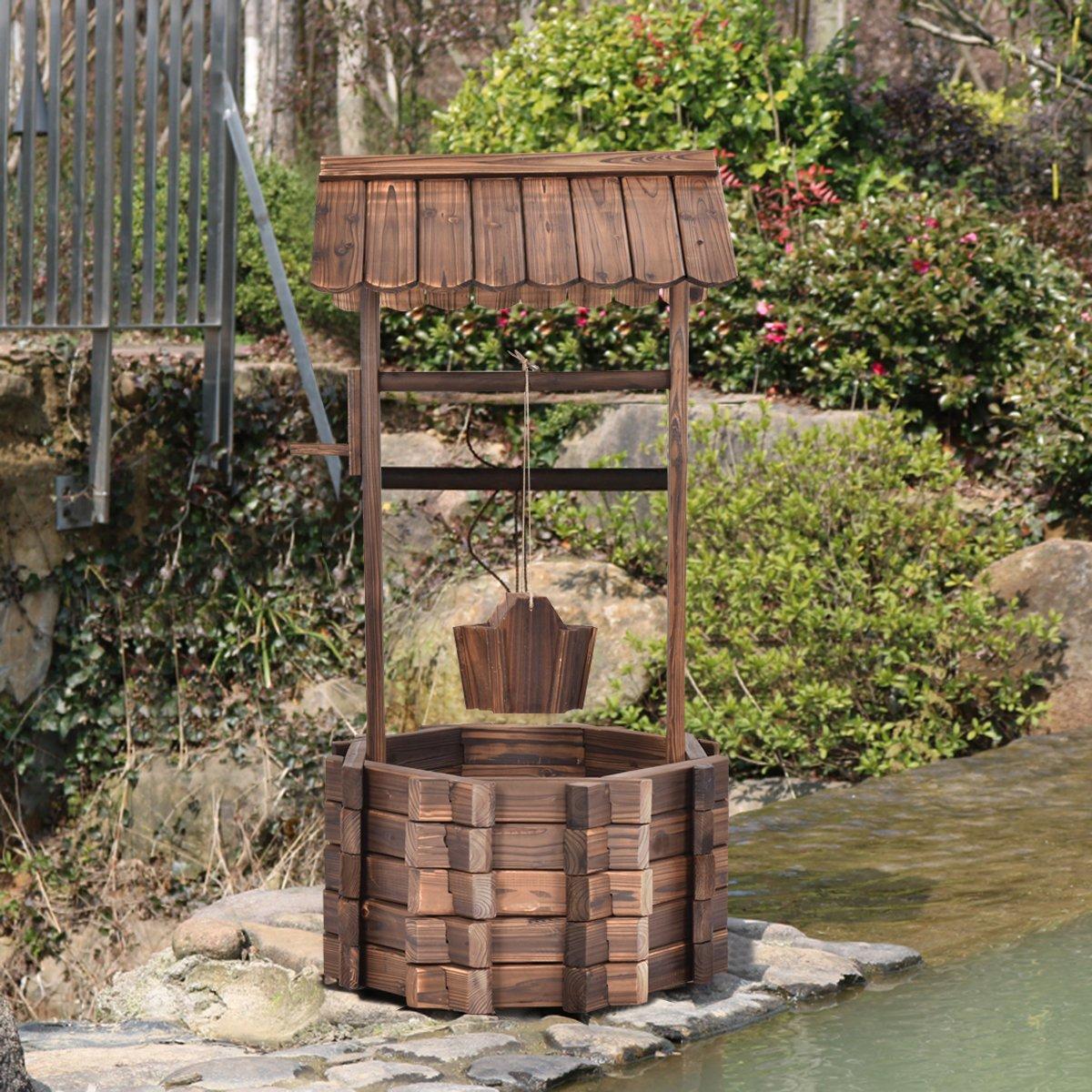 Wishing well for outdoors, wooden fountain, bucket, flower pot, flower pot with roof