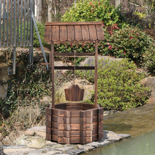 Wishing well for outdoors, wooden fountain, bucket, flower pot, flower pot with roof