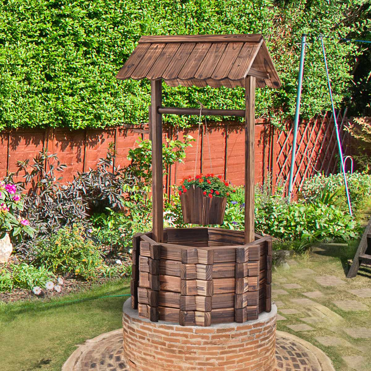 Wishing well for outdoors, wooden fountain, bucket, flower pot, flower pot with roof
