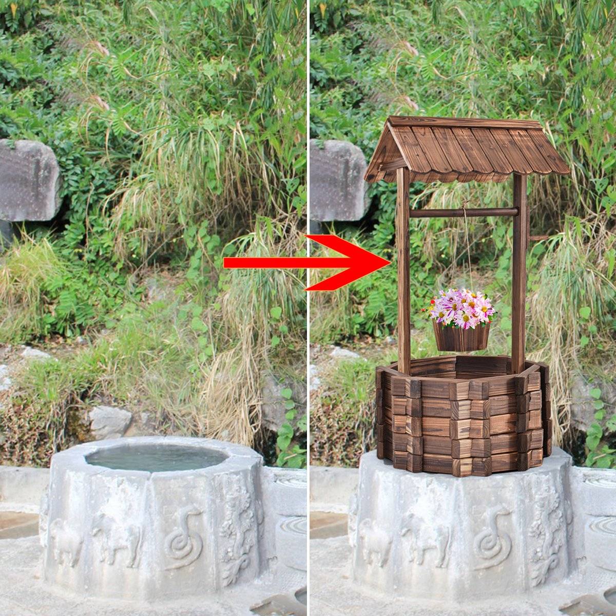 Wishing well for outdoors, wooden fountain, bucket, flower pot, flower pot with roof