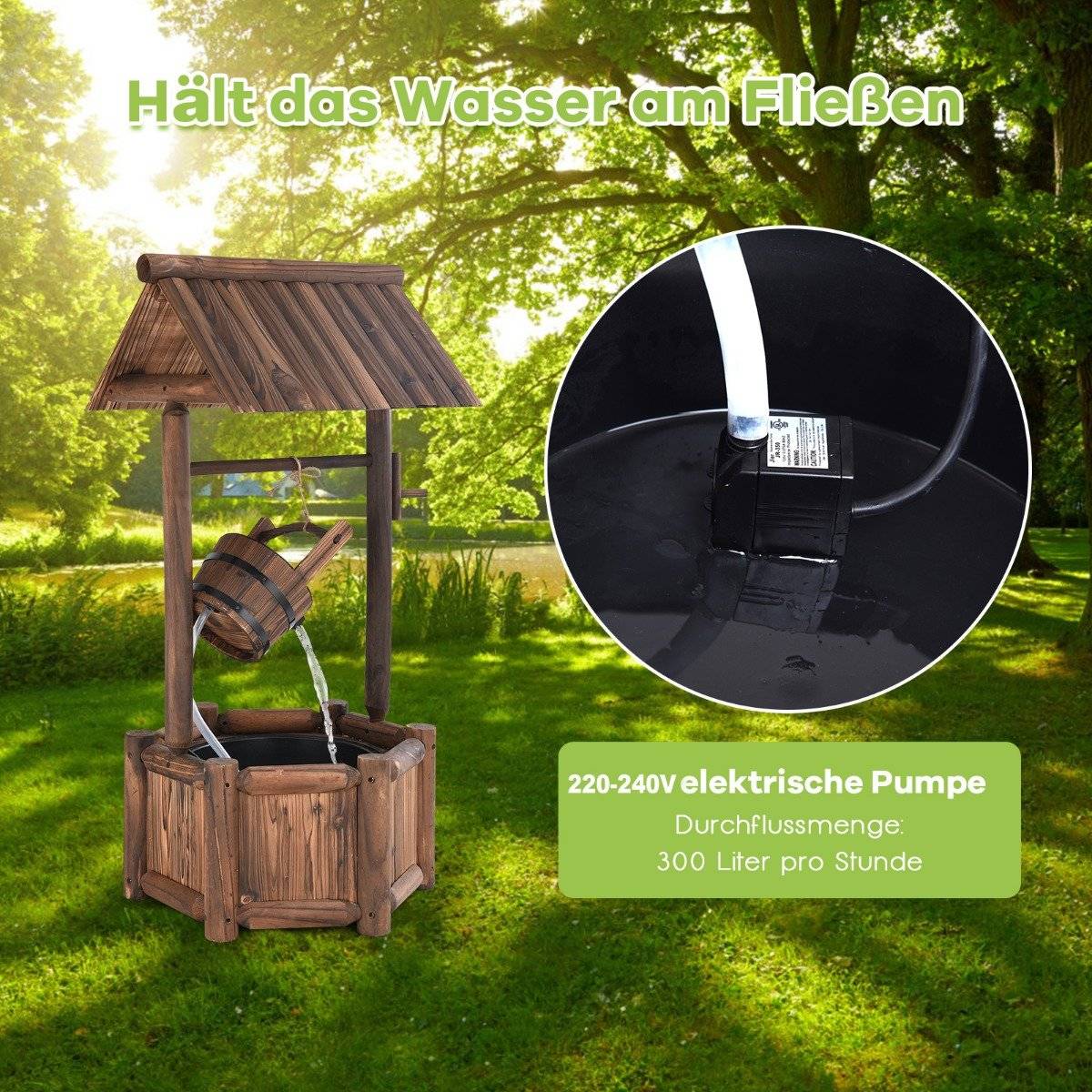 Wishing well water fountain with waterfall function 58.5 x 51 x 117 cm brown