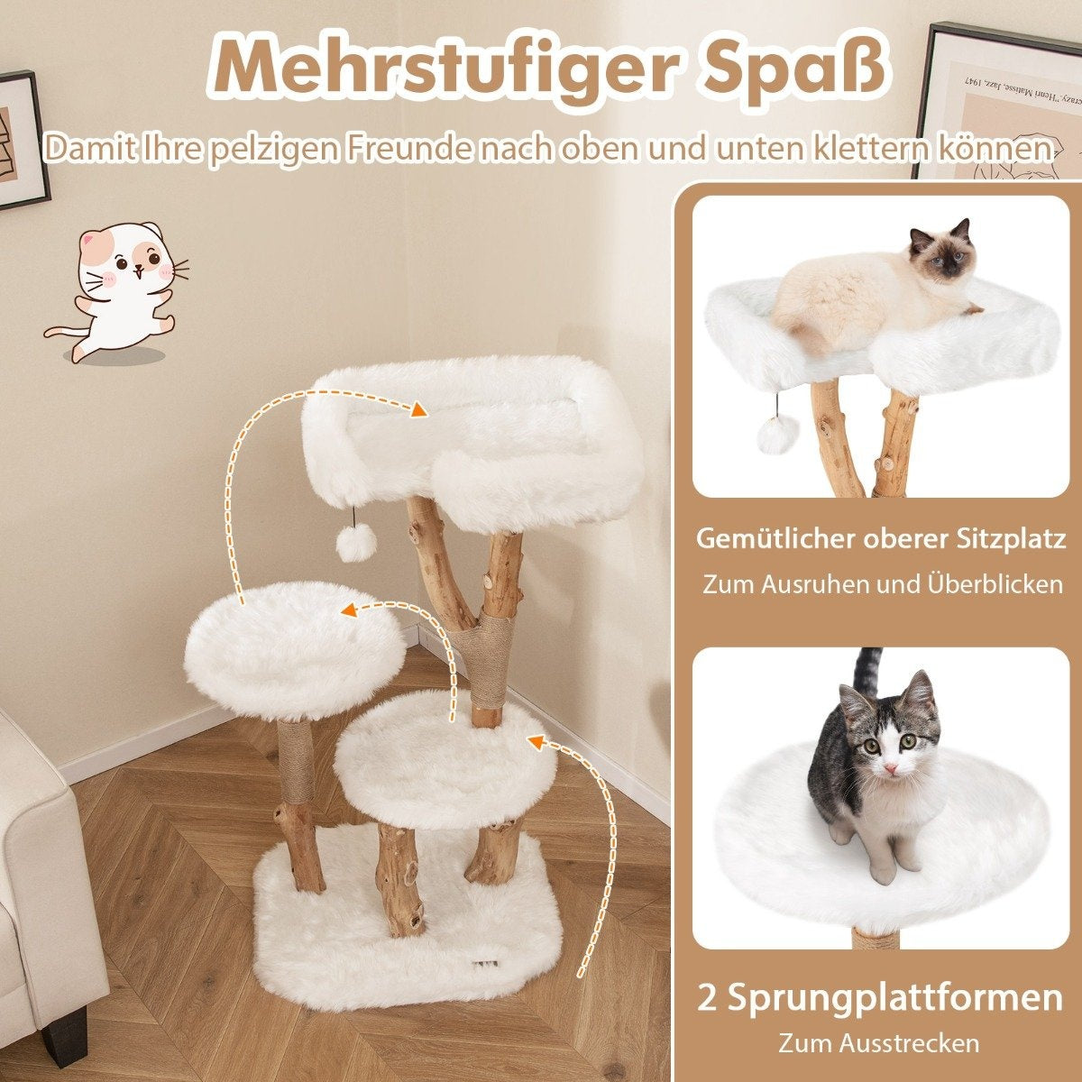 Wood Cat Tree with Plush Seat, 2 Platforms & Jute Posts
