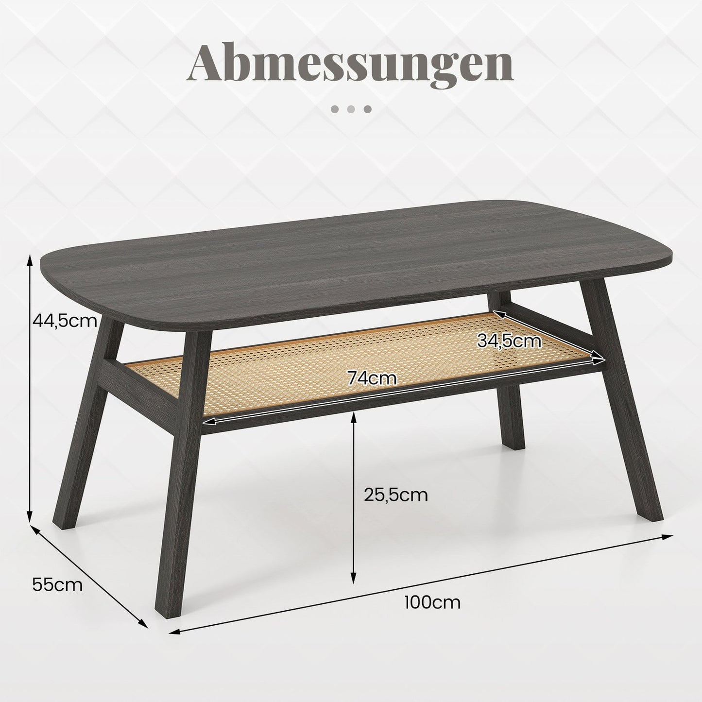 Wood Coffee Table with Rattan Shelf, 2-Tier, 100x55x44.5 cm
