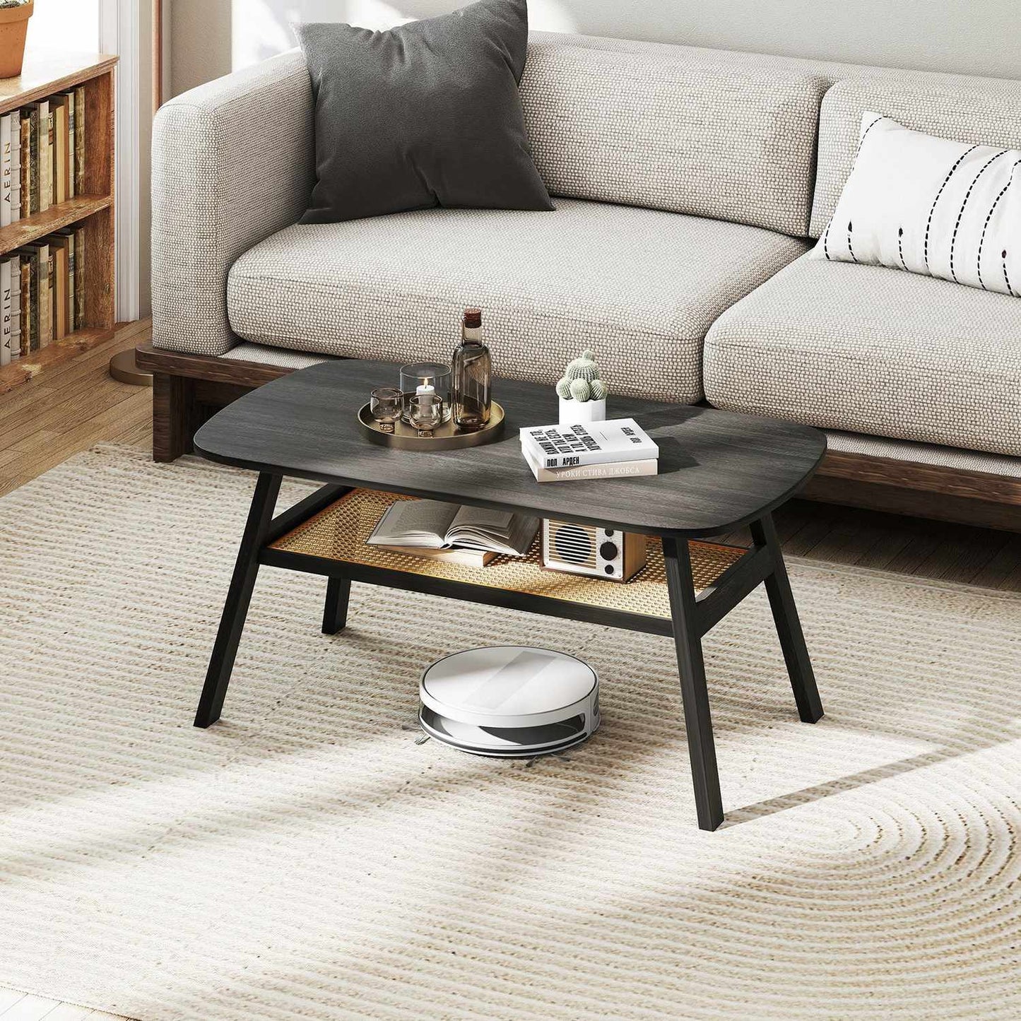 Wood Coffee Table with Rattan Shelf, 2-Tier, 100x55x44.5 cm