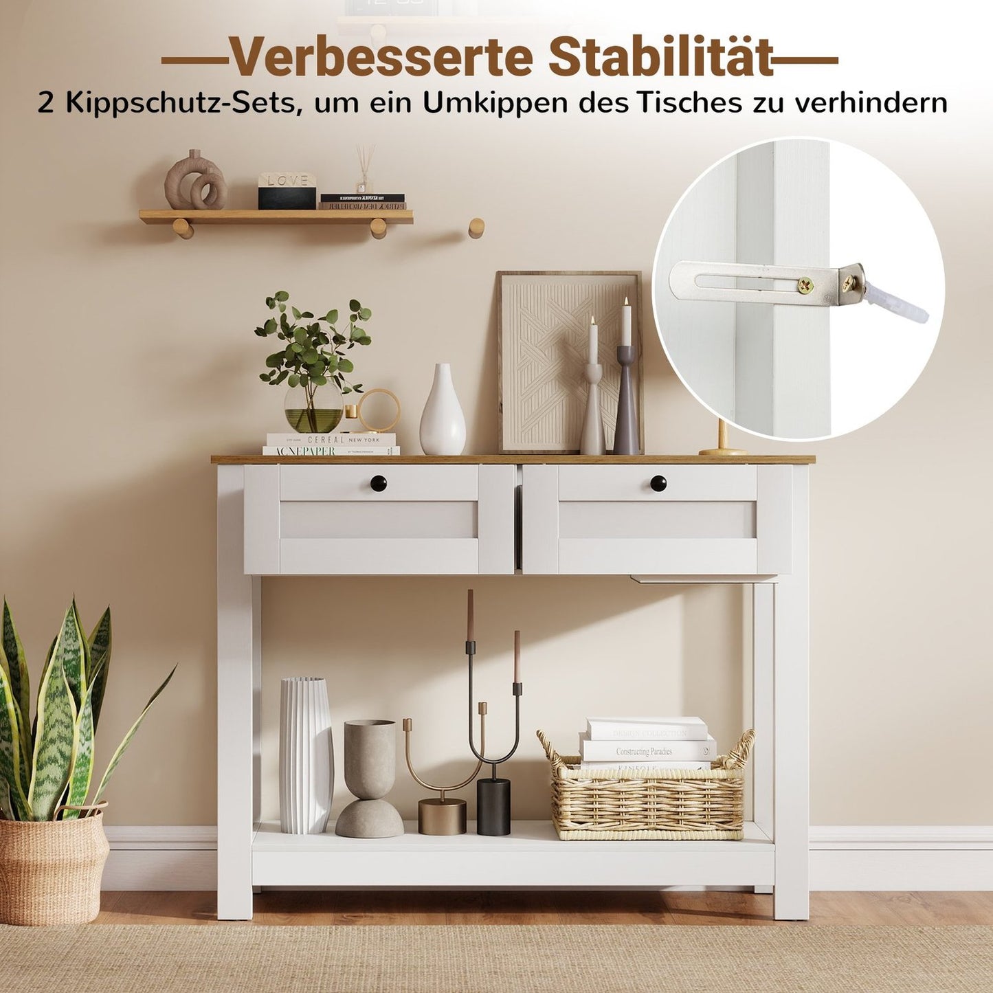 Wood Console Table with 2 Drawers and Shelves, White