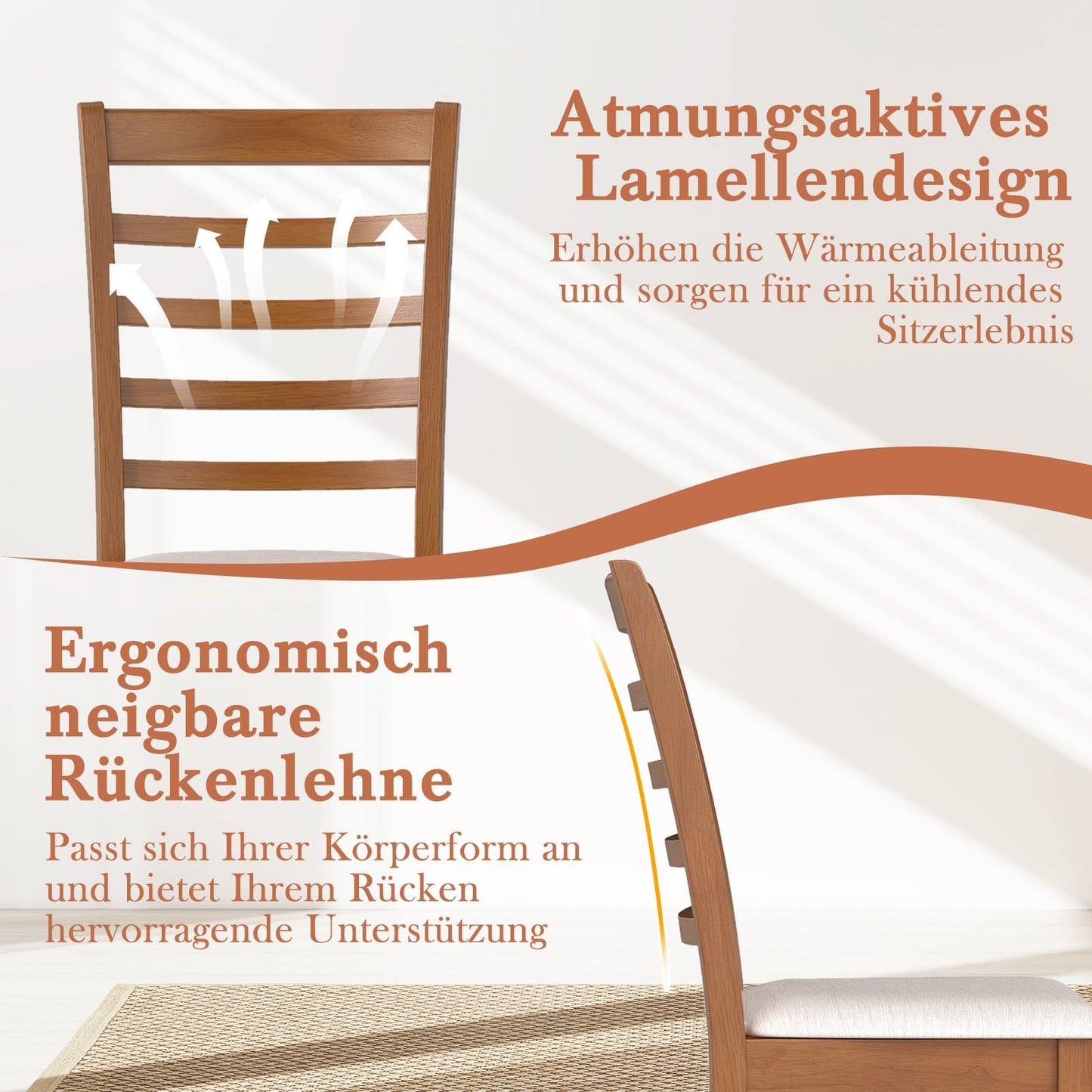 Wood Dining Chair Set of 2, Ergonomic, Beige, Rubberwood