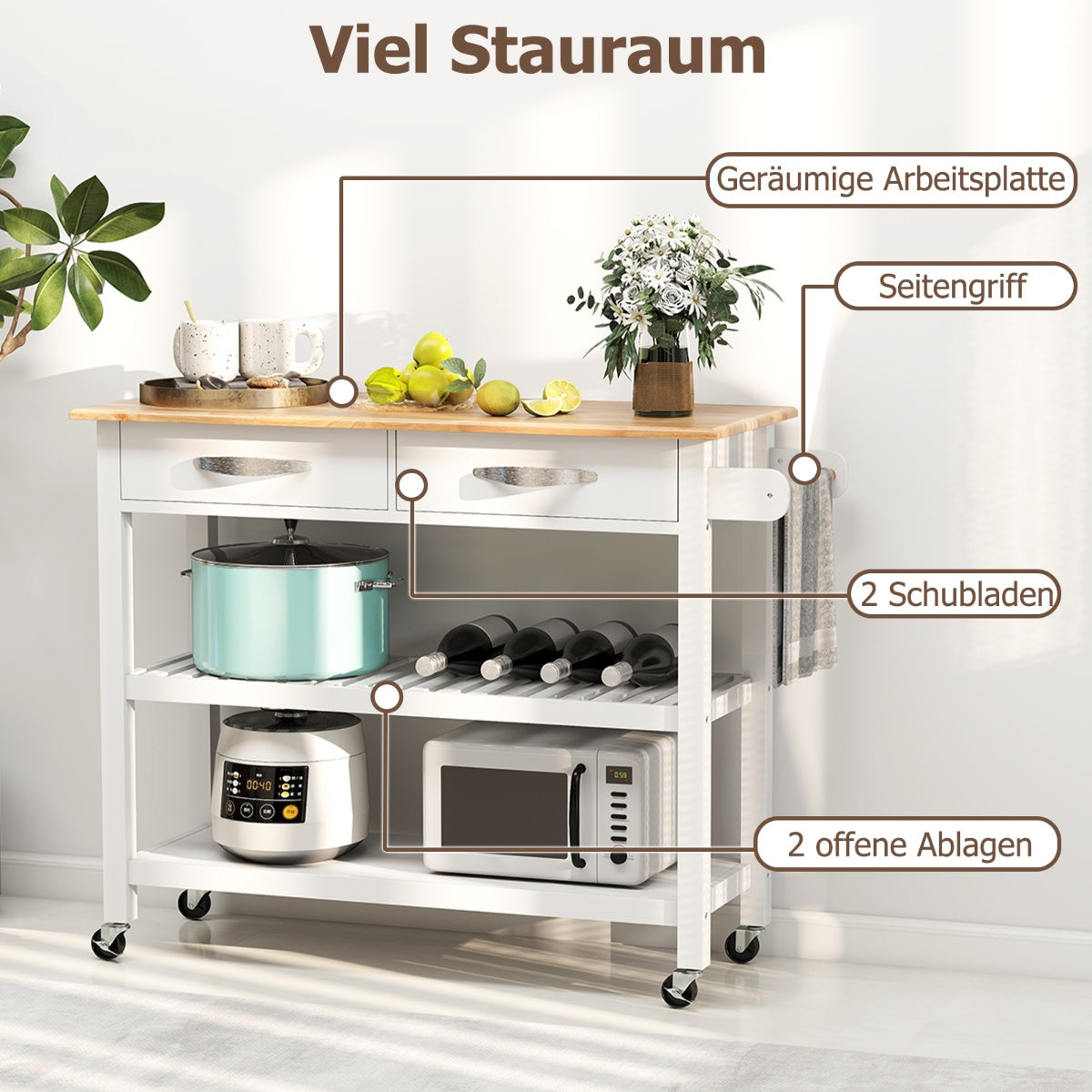 Wood Kitchen Cart with Countertop, 2 Drawers & Shelves