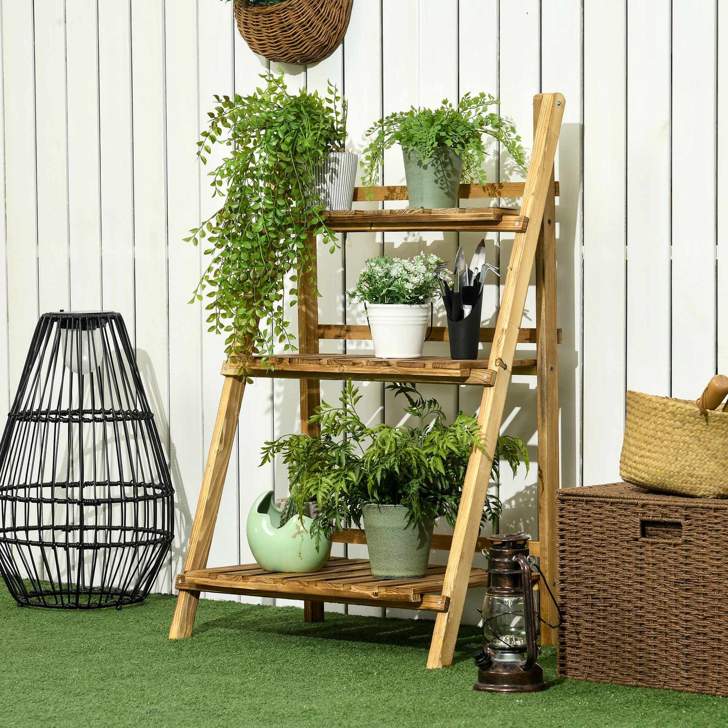 Wood Plant Stand, 3-Tier Folding, Dark Brown, Indoor/Outdoor