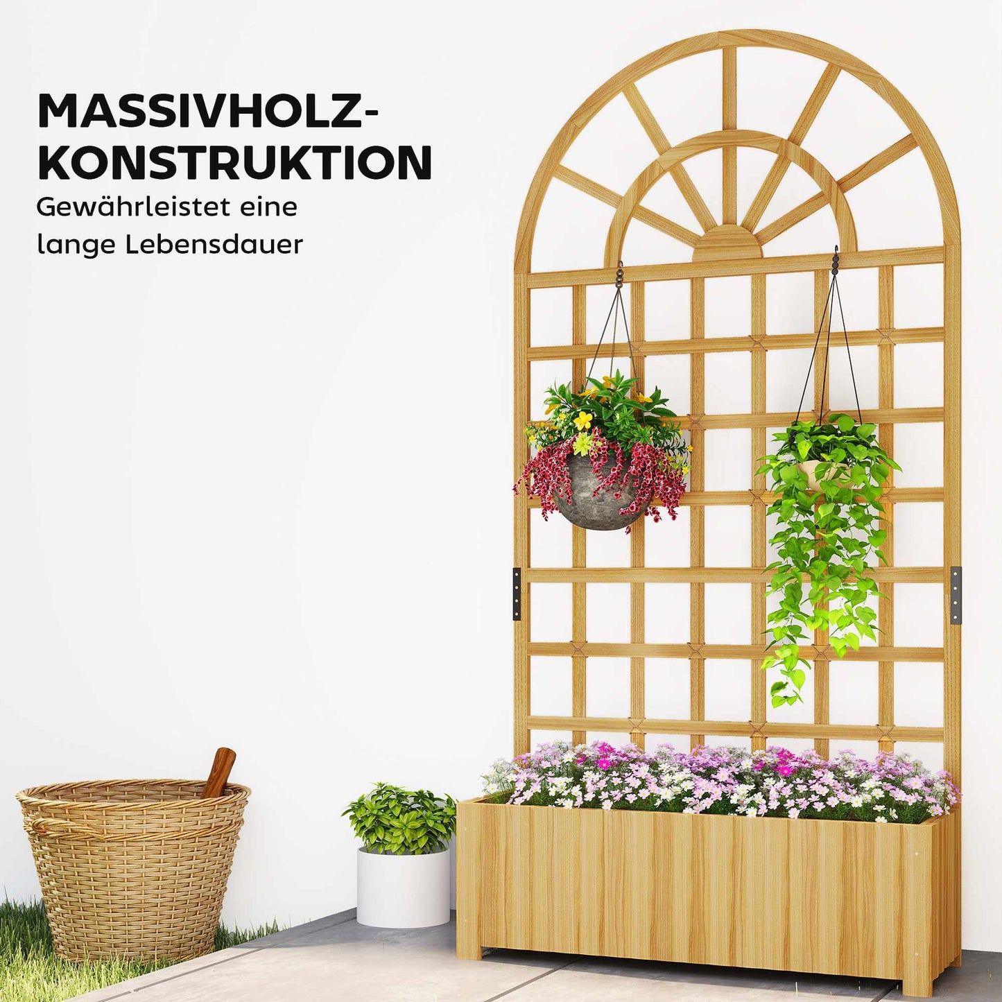 Wood Planter Box with Trellis, Drainage Holes, 90x30x180 cm