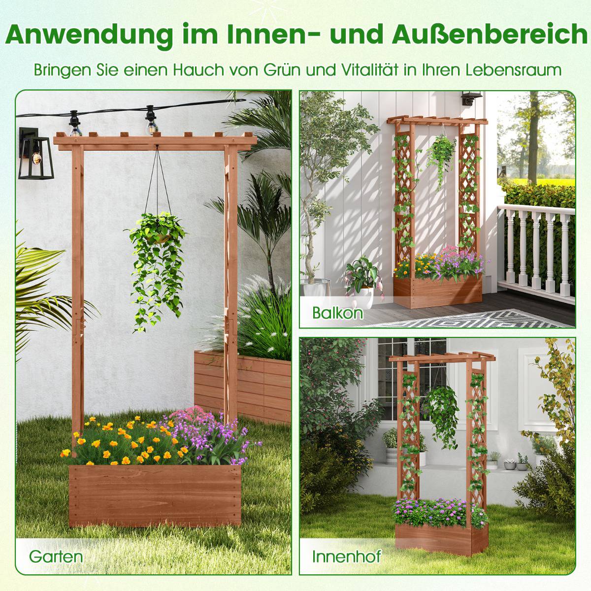 Wood Planter Box with Trellis and Roof, Orange, 66x32x152 cm
