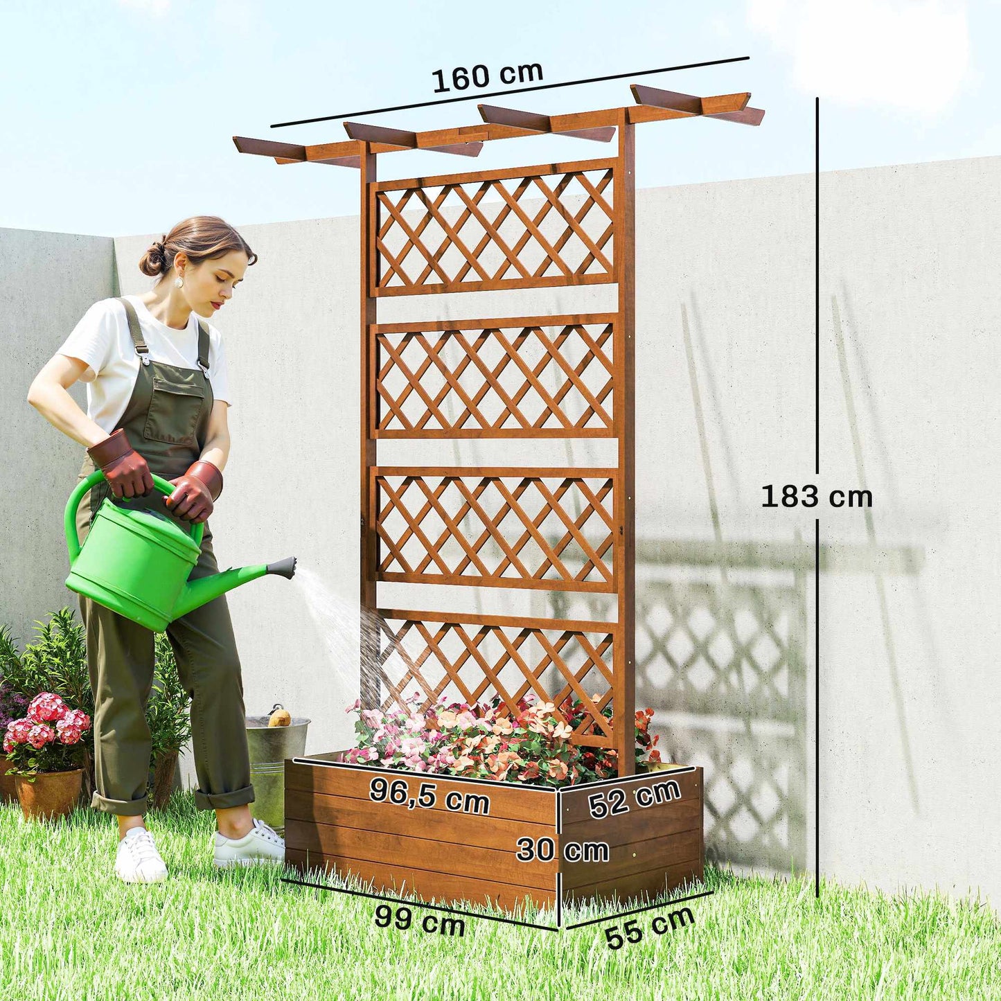 Wood Planter Box with Trellis and Roof for Climbing Plants