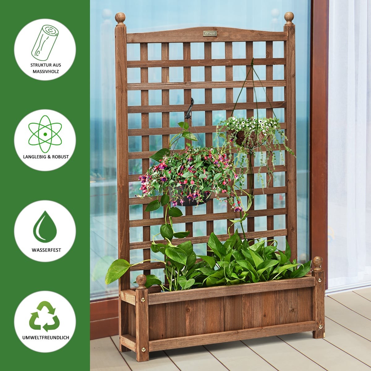 Wood Planter Box with Trellis for Climbing Plants, 64.5x28x120 cm