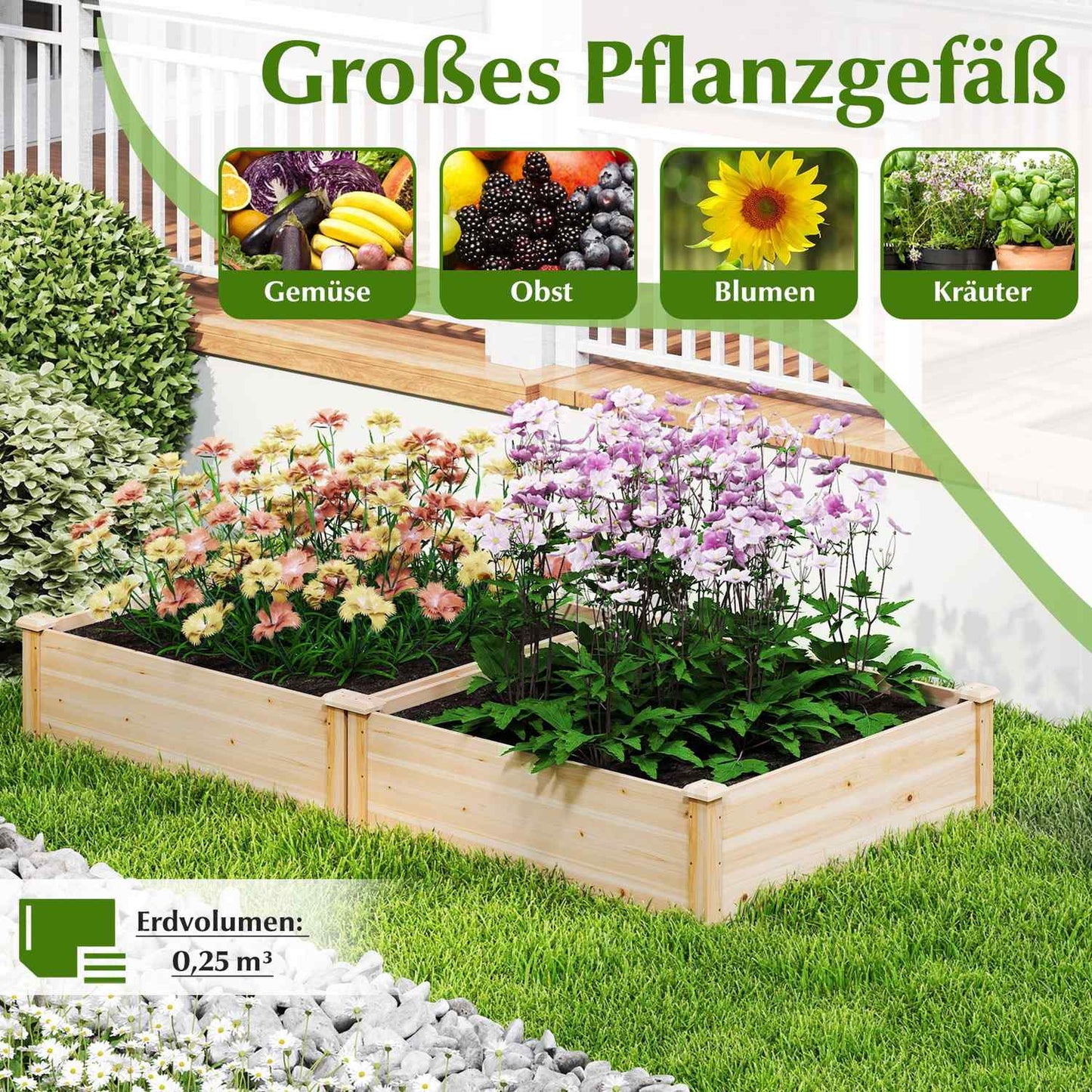 Wood Raised Garden Bed, Open Bottom, 102x102x30 cm