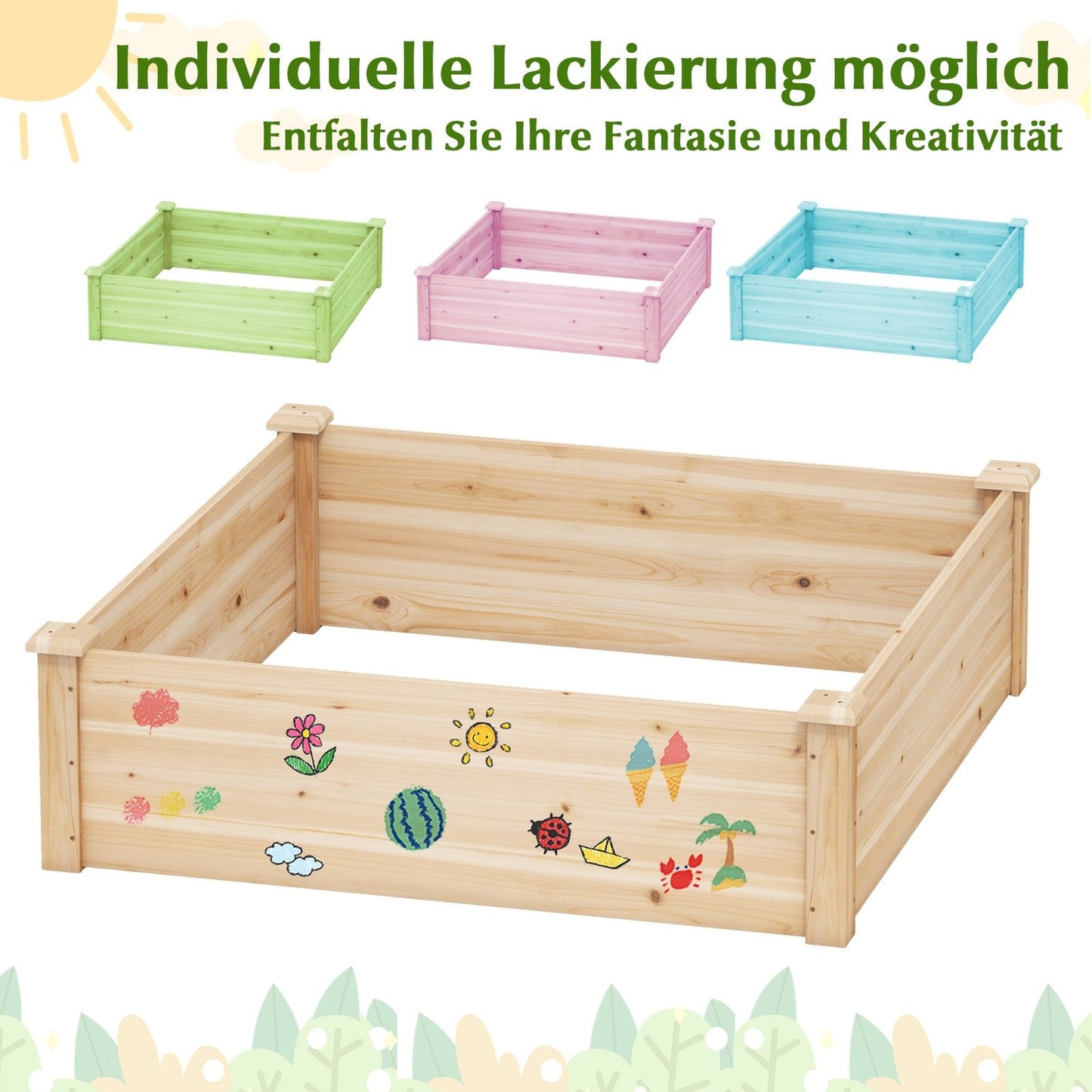 Wood Raised Garden Bed, Open Bottom, 102x102x30 cm