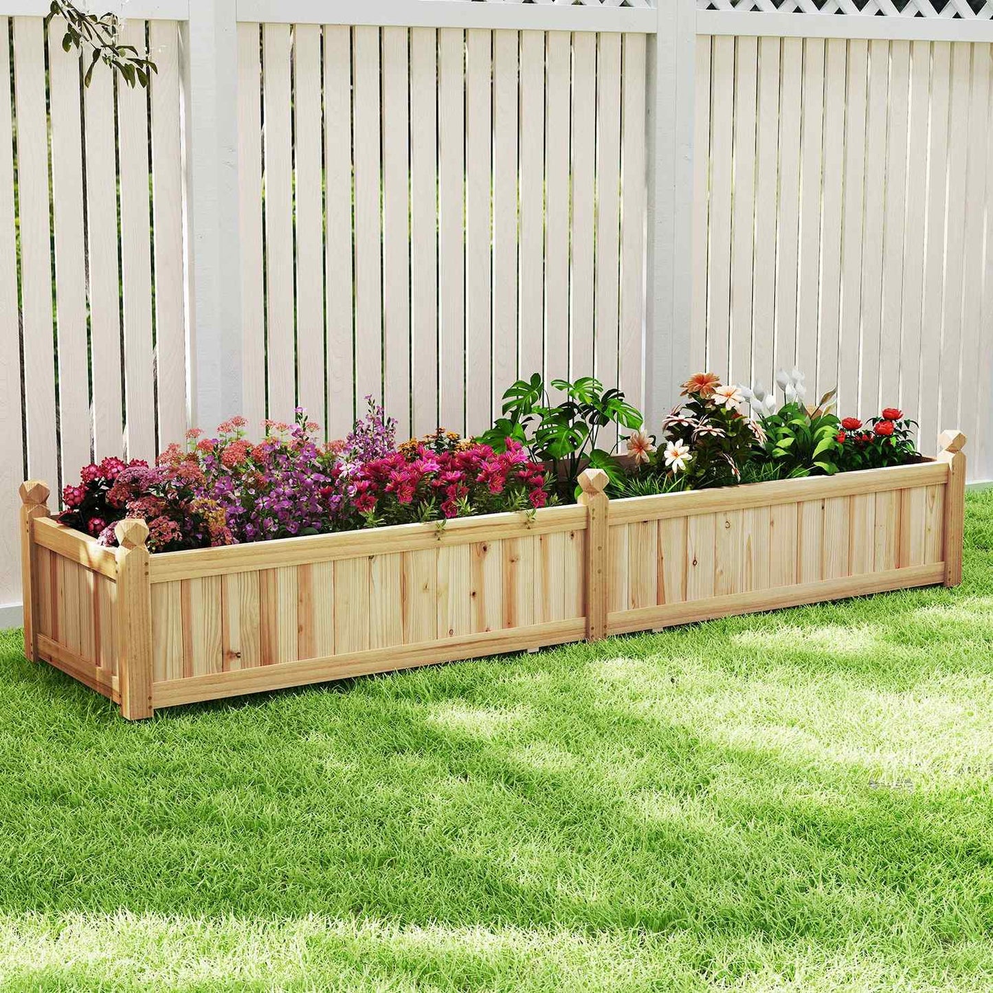 Wood Raised Garden Bed with Divider, Drainage, 227x59.5x40 cm