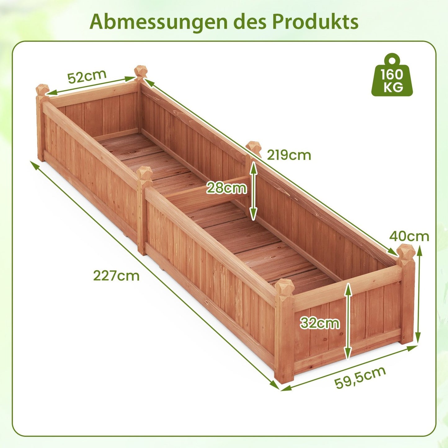 Wood Raised Garden Bed with Dividers, Drainage, 227x59.5x40 cm