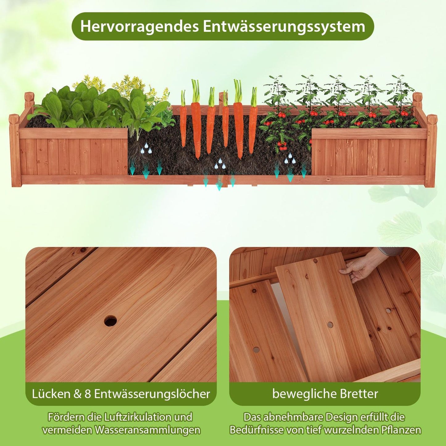 Wood Raised Garden Bed with Dividers, Drainage, 227x59.5x40 cm