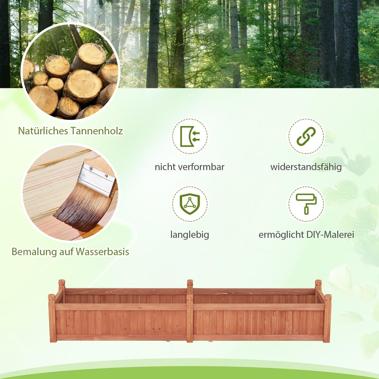 Wood Raised Garden Bed with Dividers, Drainage, 227x59.5x40 cm