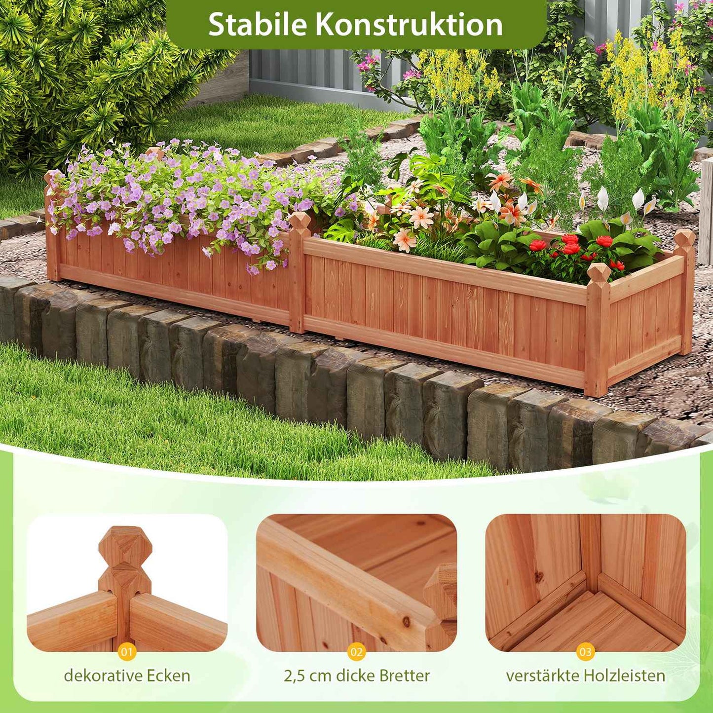 Wood Raised Garden Bed with Dividers, Drainage, 227x59.5x40 cm