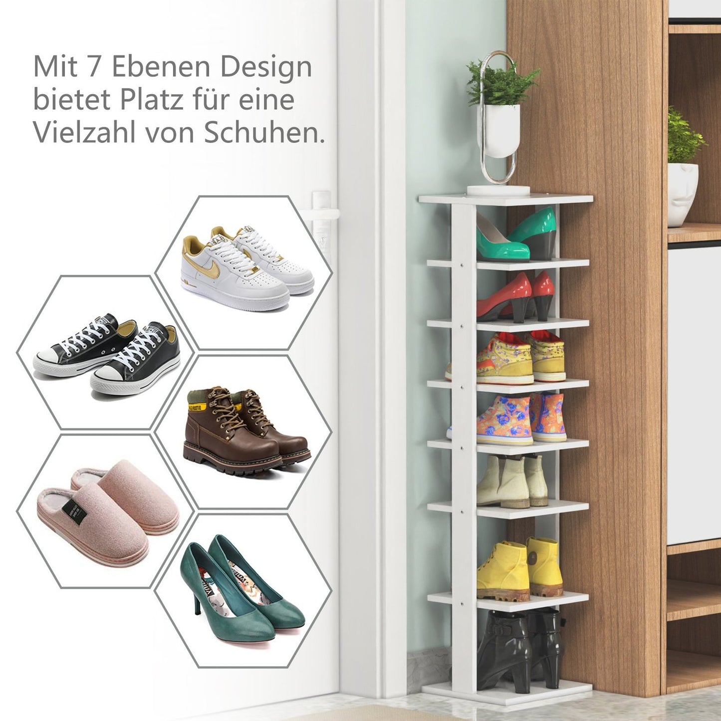 Wood Shoe Rack – 8-Tier Vertical Organizer, White