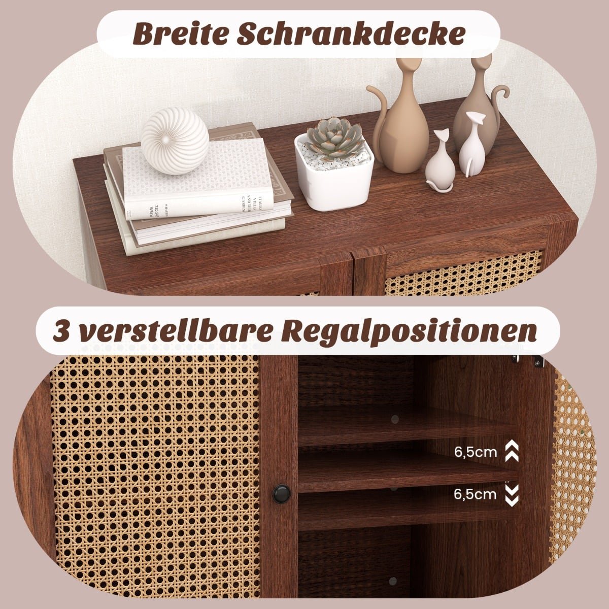 Wood Sideboard with Rattan Doors & Adjustable Shelves