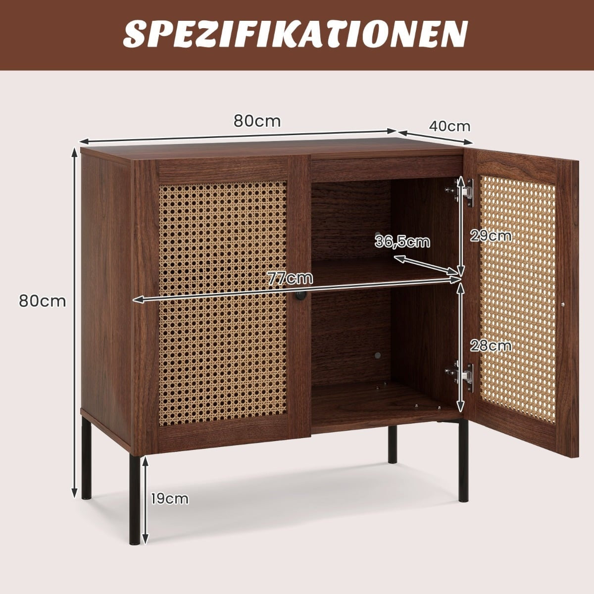 Wood Sideboard with Rattan Doors & Adjustable Shelves