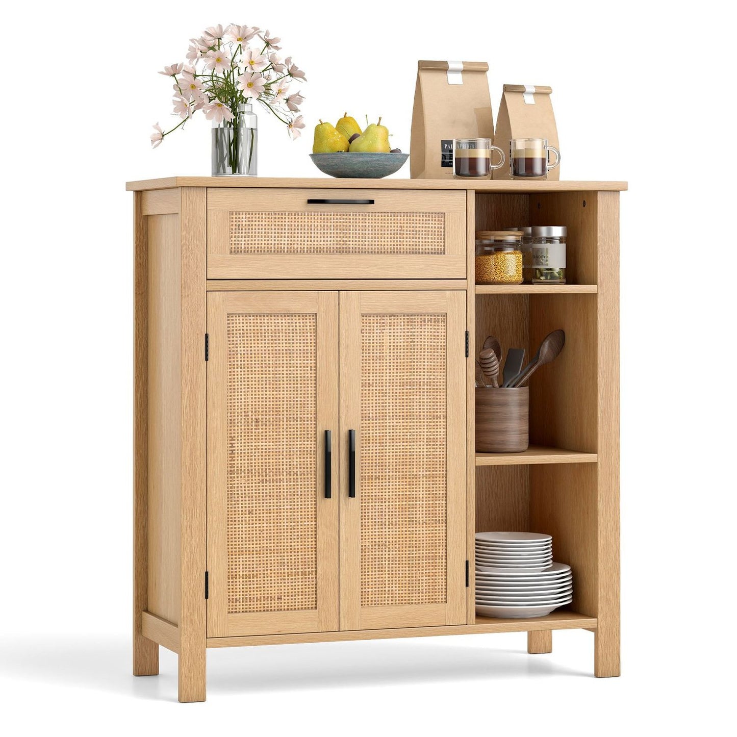 Wood Sideboard with Rattan Doors & Drawers, Adjustable Shelves