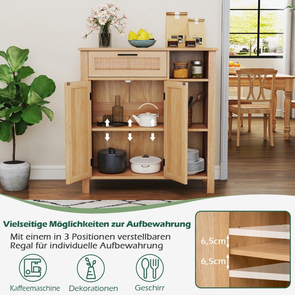 Wood Sideboard with Rattan Doors & Drawers, Adjustable Shelves