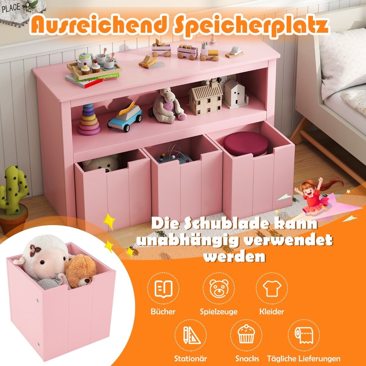 Wood Storage Cabinet with Drawers and Wheels, 101x33x62 cm, Pink