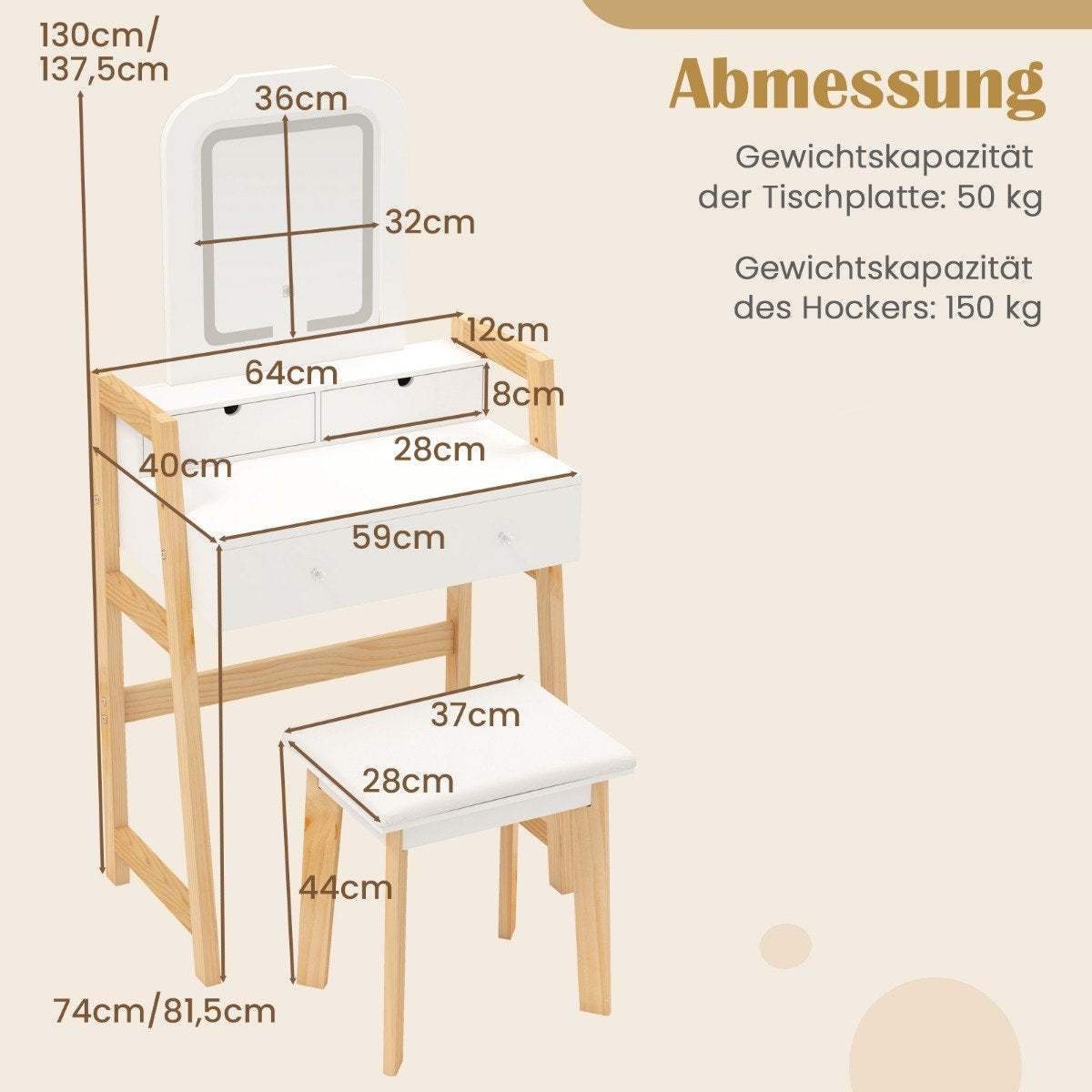 Wood Vanity Table with Mirror, Stool & 3 Drawers, White