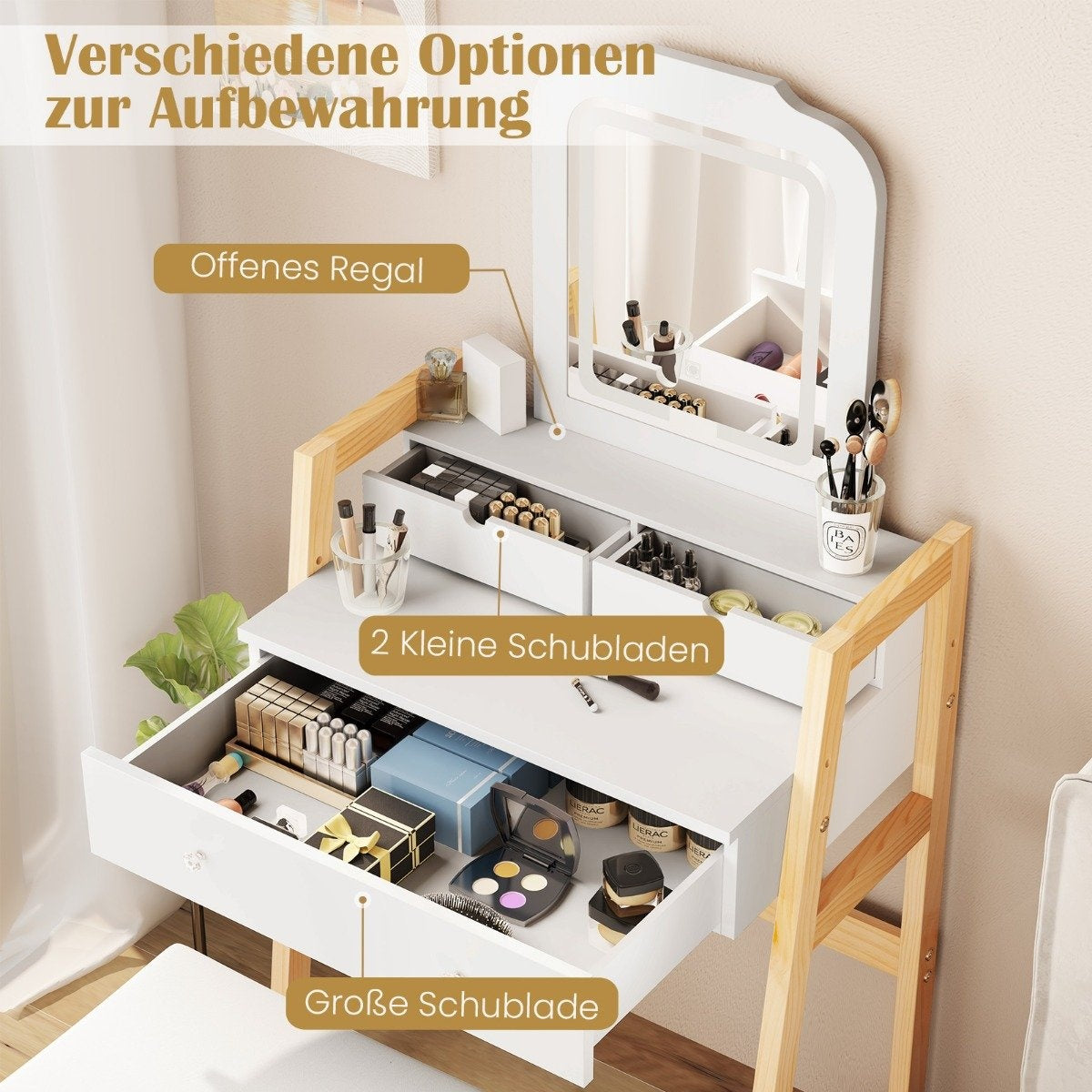 Wood Vanity Table with Mirror, Stool & 3 Drawers, White