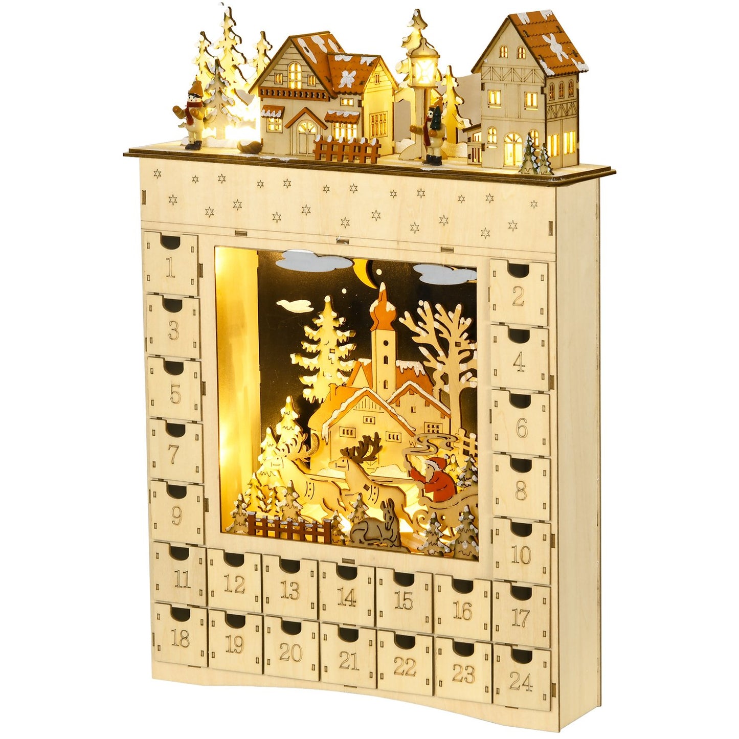 Wooden Advent Calendar with LED Lights, 24-Day Countdown