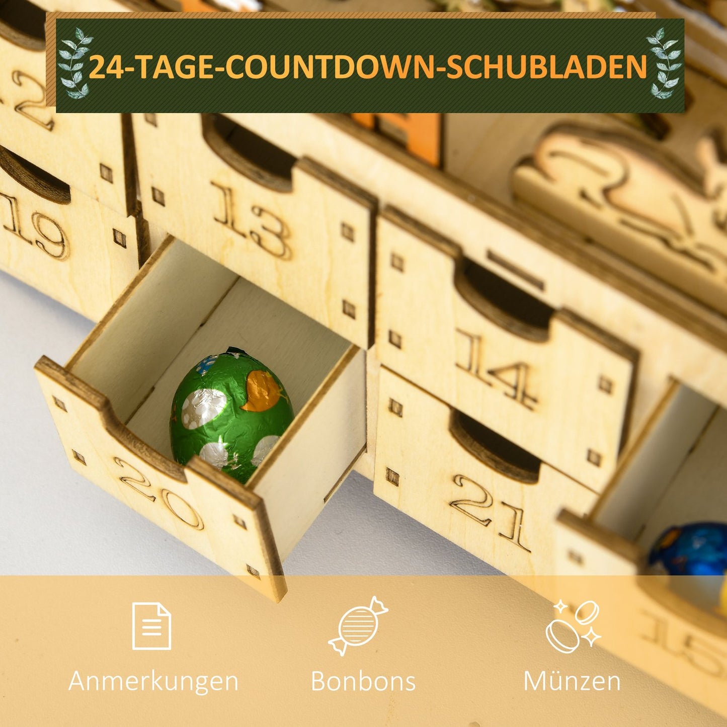 Wooden Advent Calendar with LED Lights, 24-Day Countdown