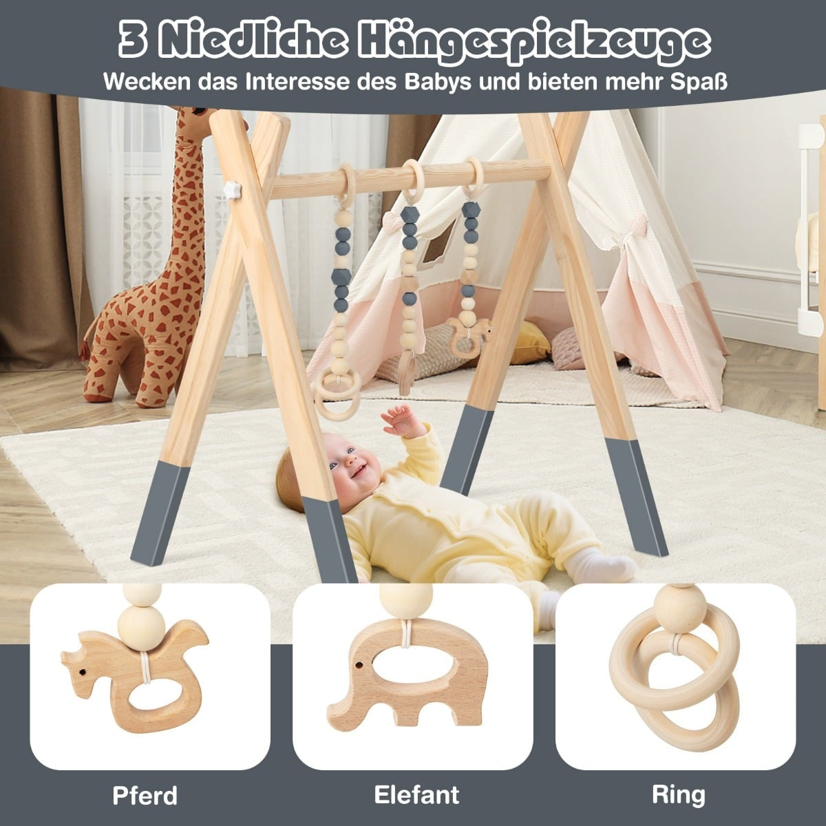 Wooden Baby Gym with 3 Hanging Toys – Grey