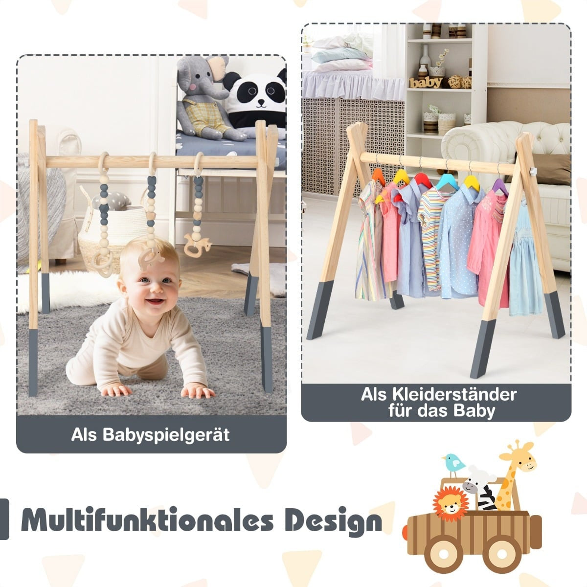 Wooden Baby Gym with 3 Hanging Toys – Grey