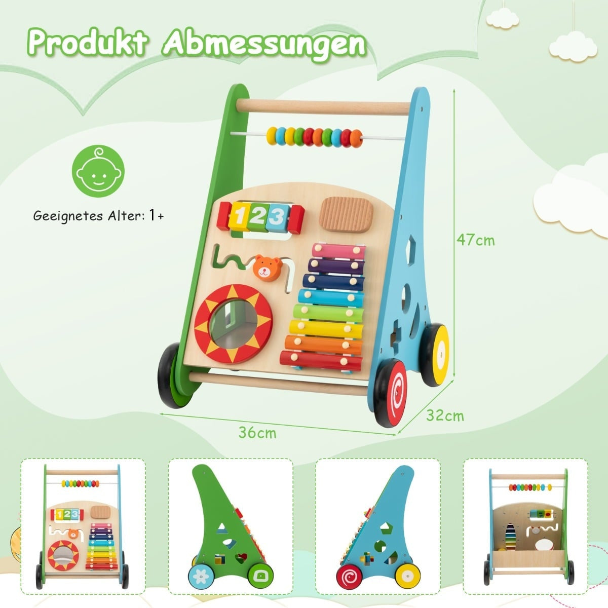 Wooden Baby Walker with Activities, Smooth Handles