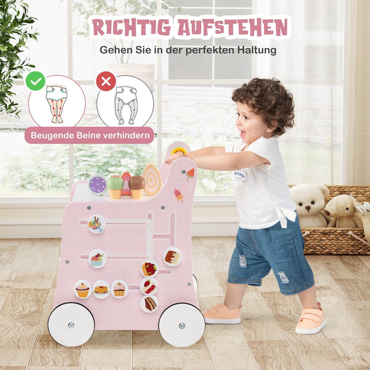 Wooden Baby Walker with Storage – Pink, Montessori Toy