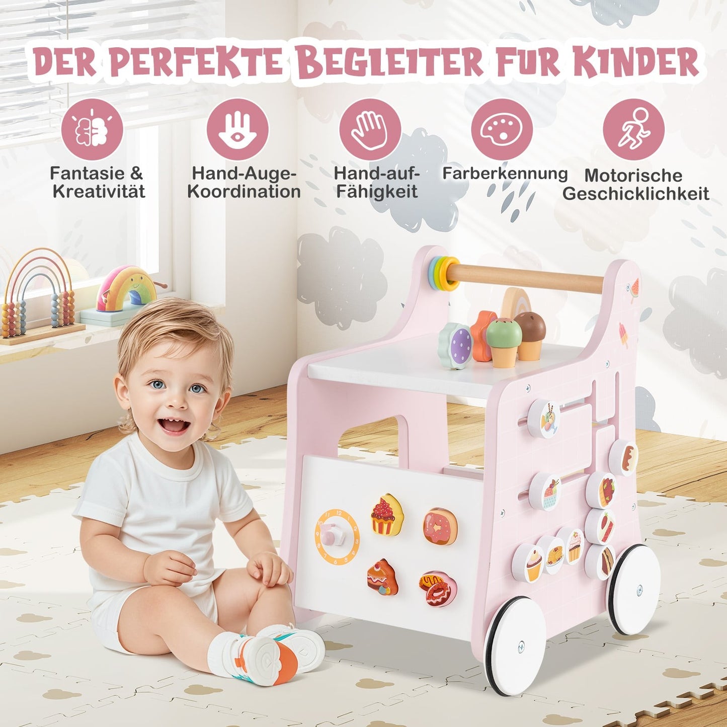 Wooden Baby Walker with Storage – Pink, Montessori Toy