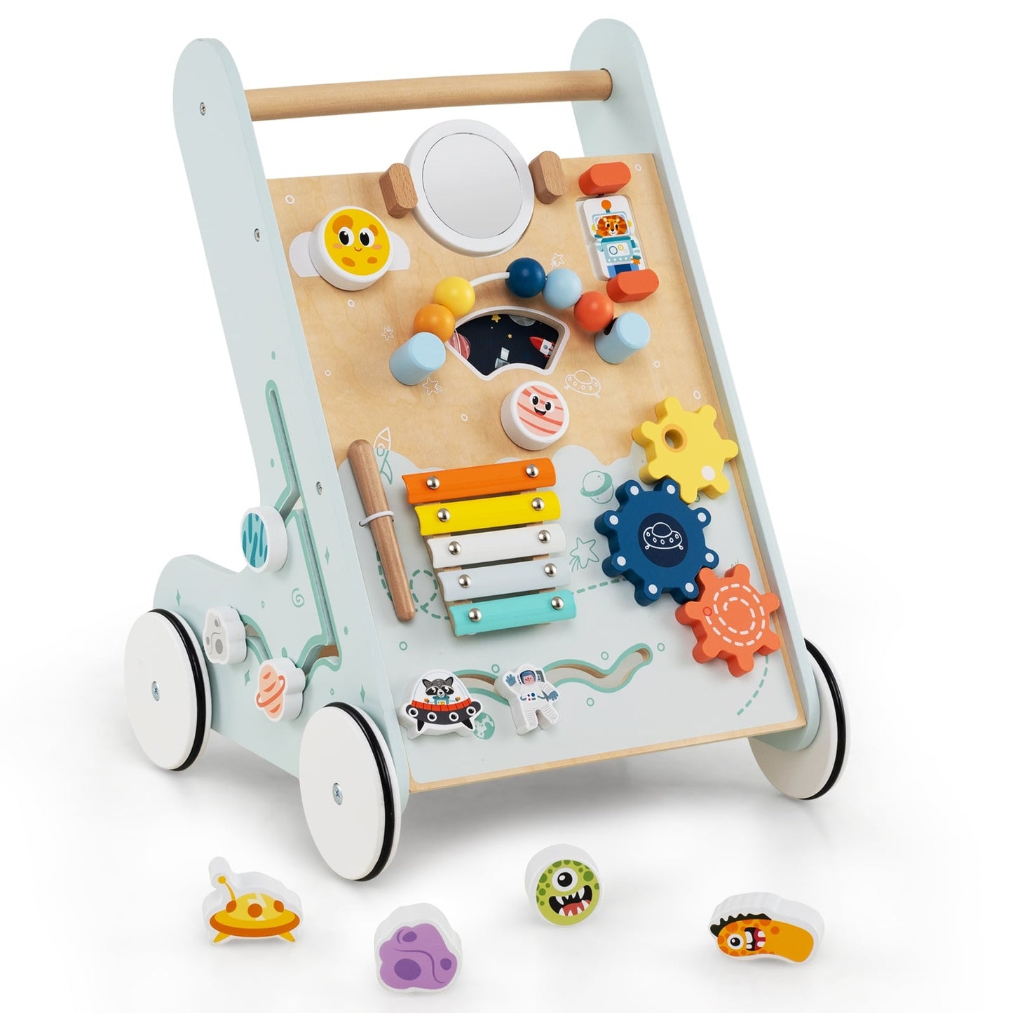 Wooden Baby Walker with Wheels, 8-in-1 Activity Center