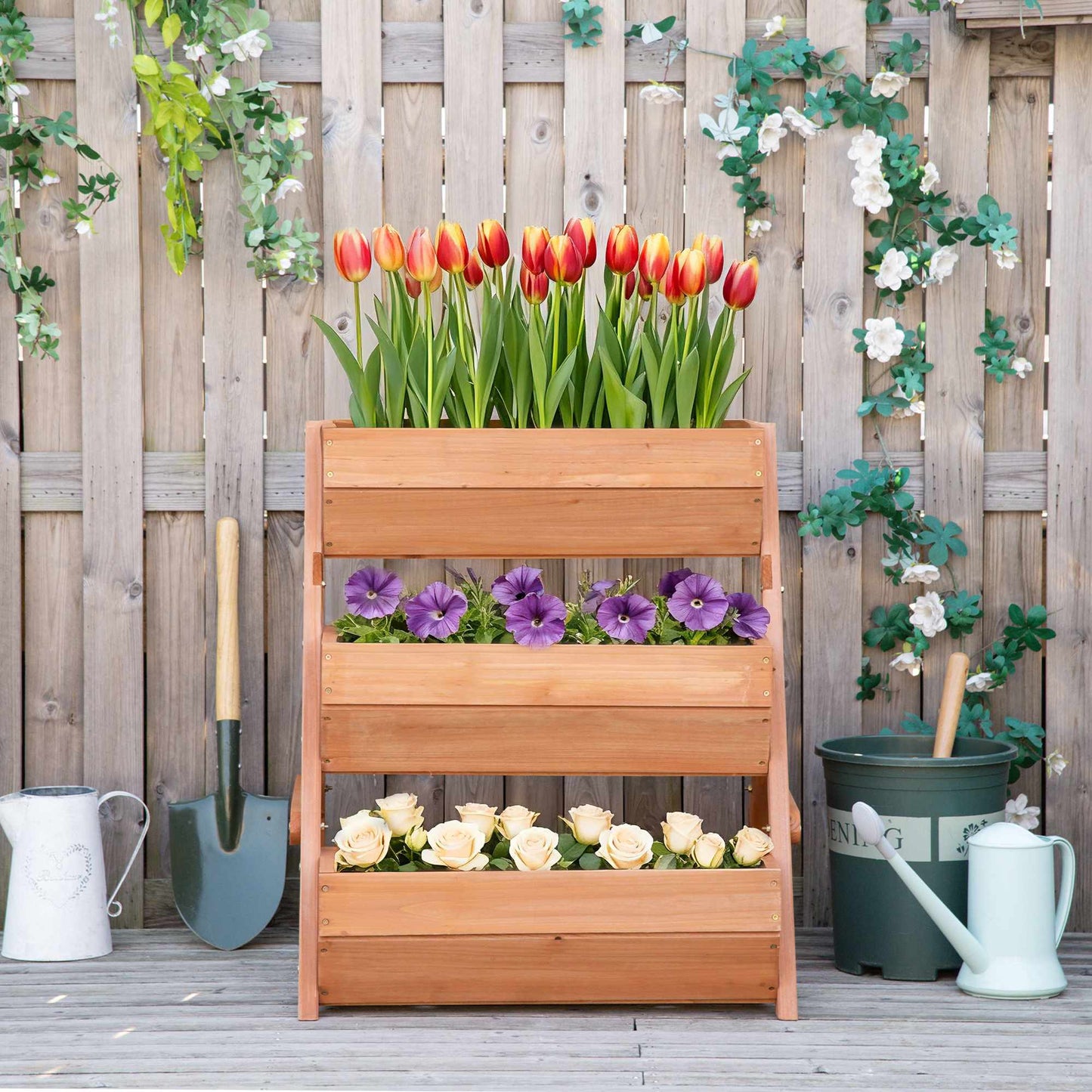 Wooden Balcony Herb Planter, 3-Tier, Drainage Holes
