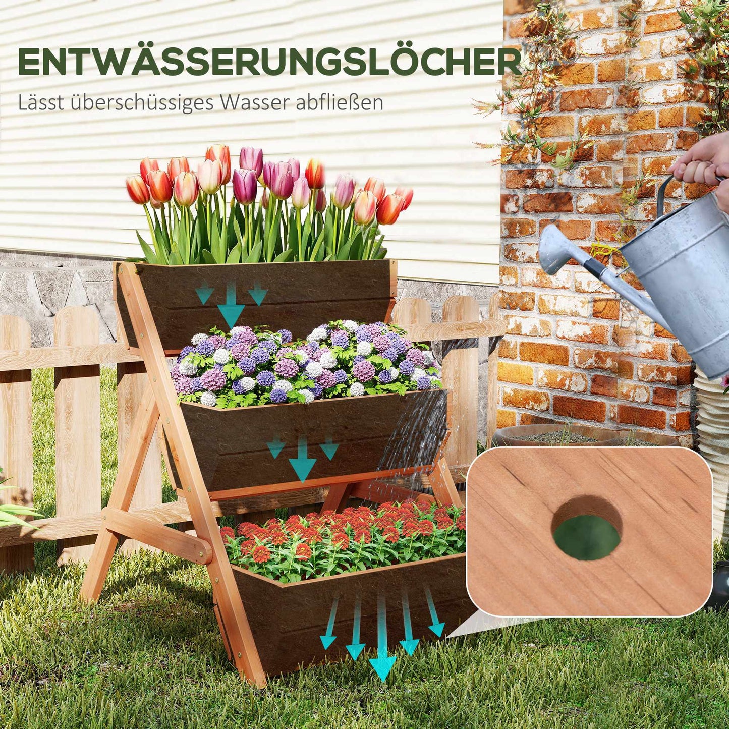 Wooden Balcony Herb Planter, 3-Tier, Drainage Holes