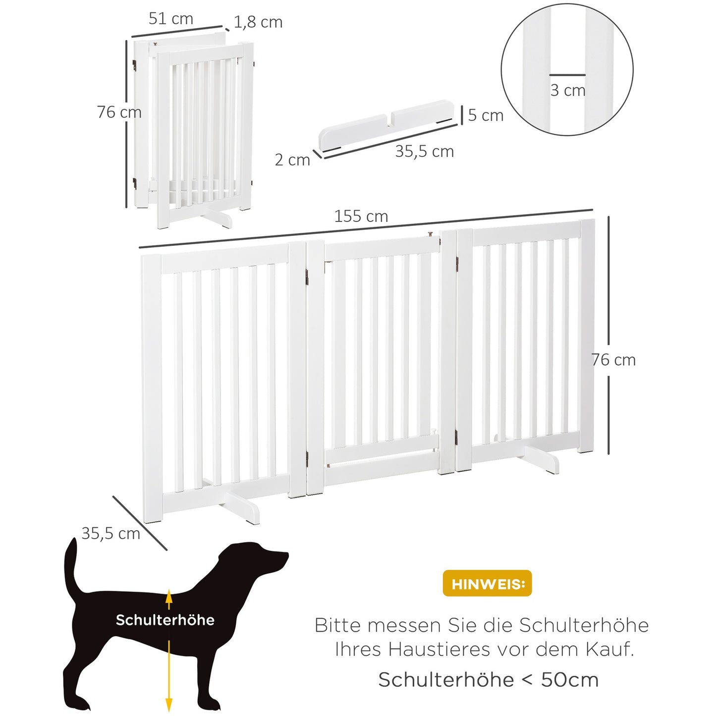Adjustable stand-alone wooden dog gate, foldable, white