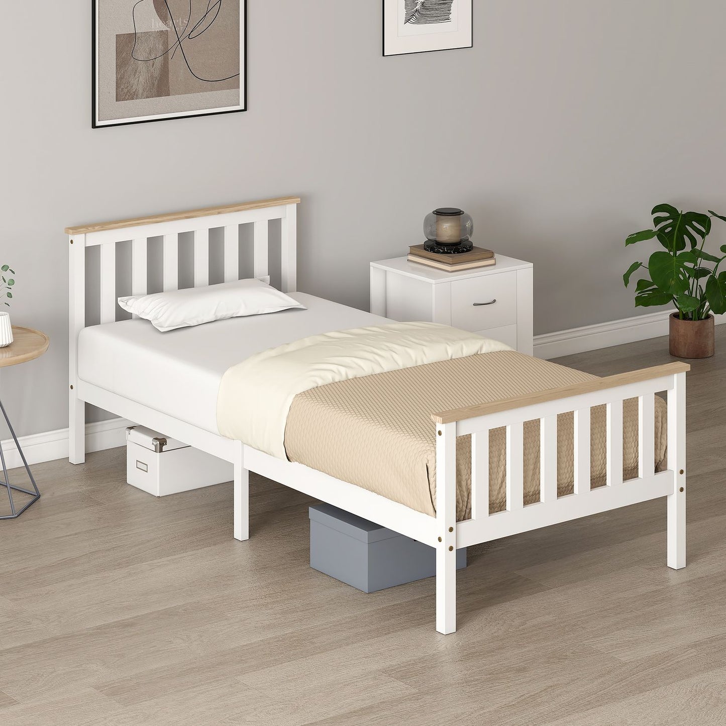 Wooden Bed Frame, Single, Natural Finish, Storage