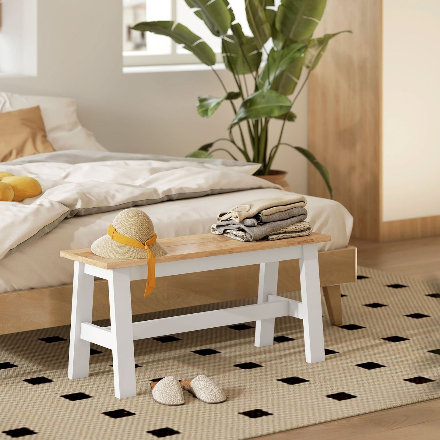 Wooden Bench for 2, Oak Finish, Rubberwood, 45 cm High