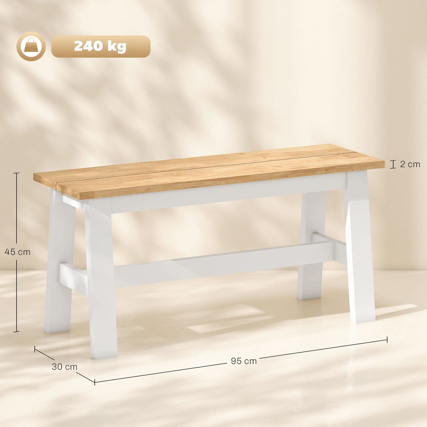 Wooden Bench for 2, Oak Finish, Rubberwood, 45 cm High